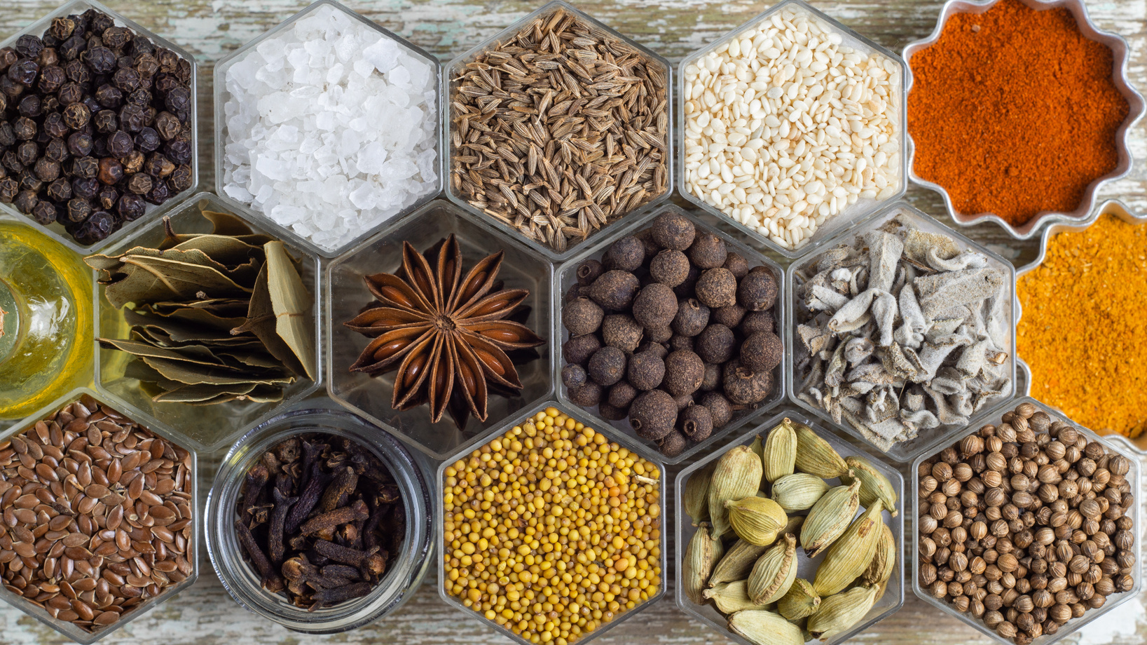 Spices in Hexagonal Jars 